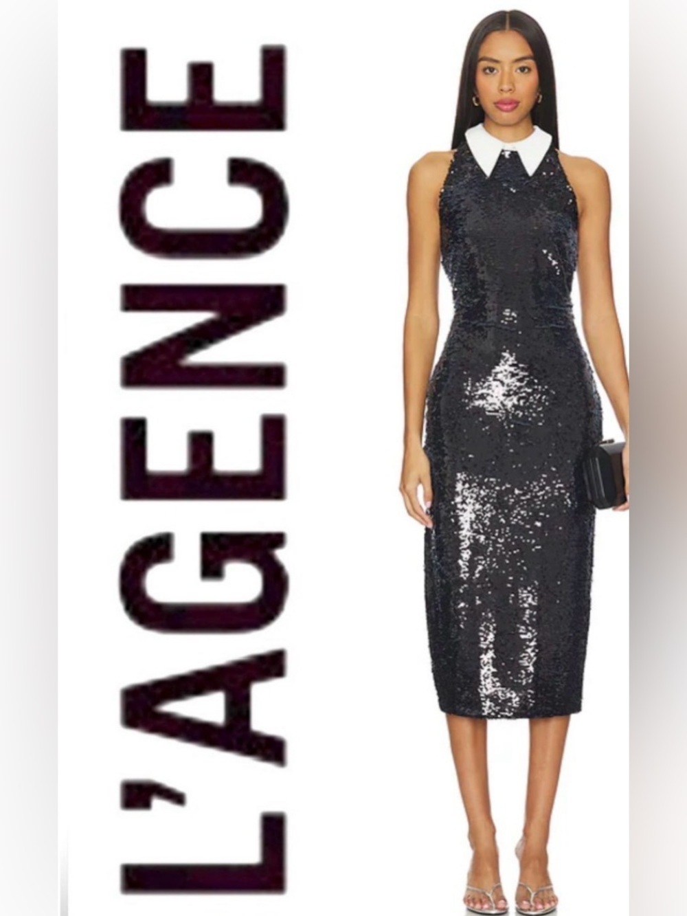 L’AGENCE Lilith Black Sequin Poplin Midi Dress with White Collar – Size 00